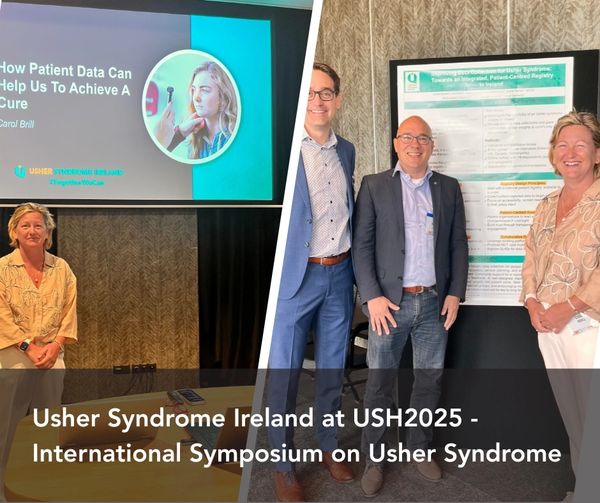 Two images from USH2025 showing Carol Brill presenting a talk and in front of her poster.