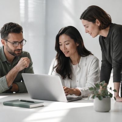 Three colleagues collaborate on a laptop in a bright office space.