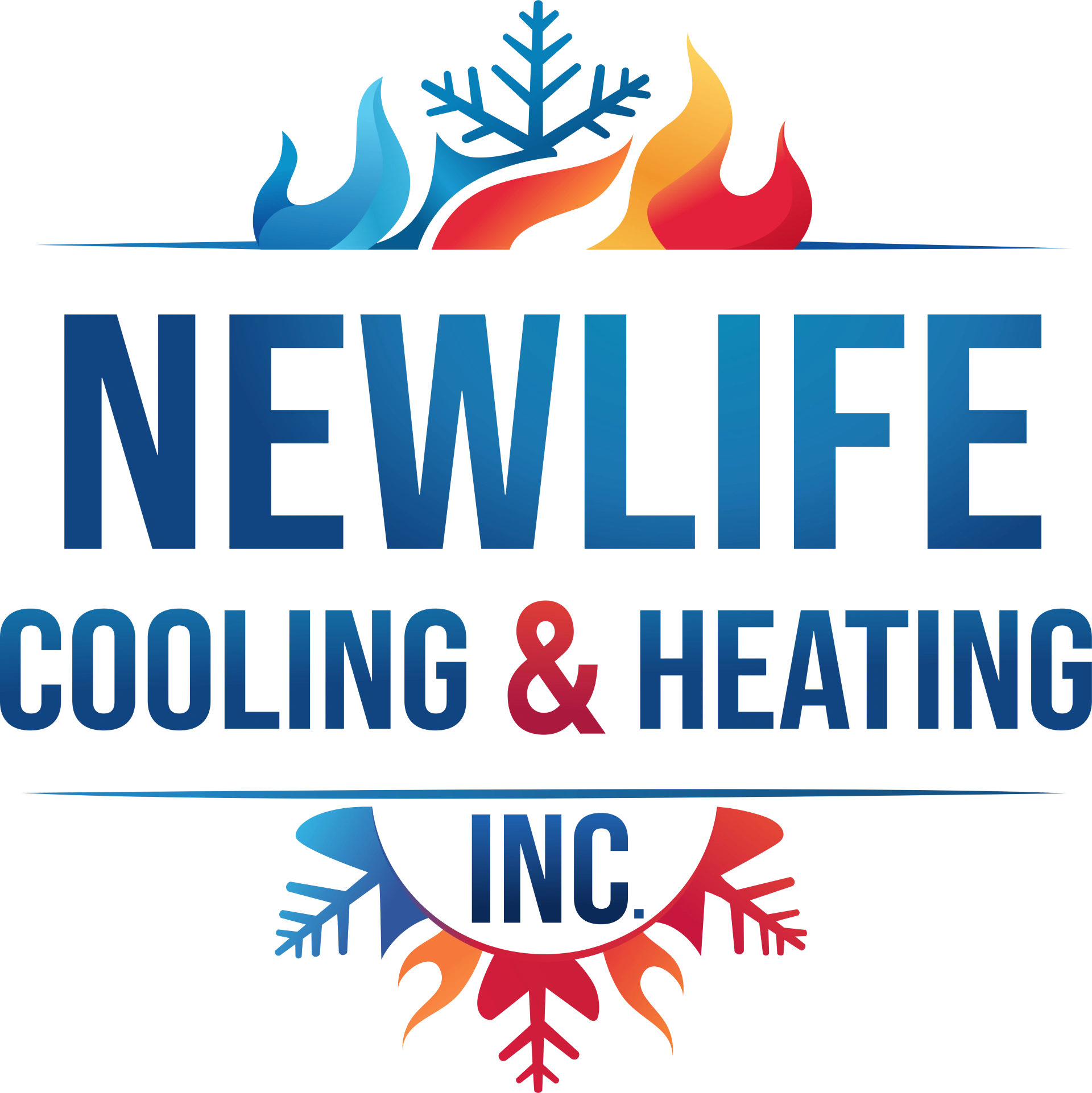 Logo for New Life Cooling & Heating Inc. with fire and snowflake icons.