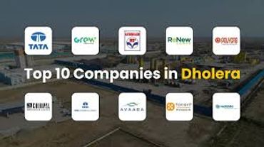Logos of the top 10 companies in Dholera with a background of industrial infrastructure.