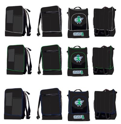 Three rows of black backpacks with different colored trims and Cycle Therapy logos.