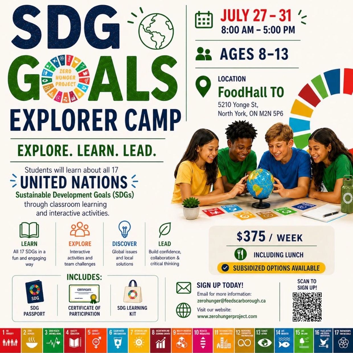 SDG Goals Explorer Camp for kids aged 8-13 from July 27-31 at FoodHall TO.