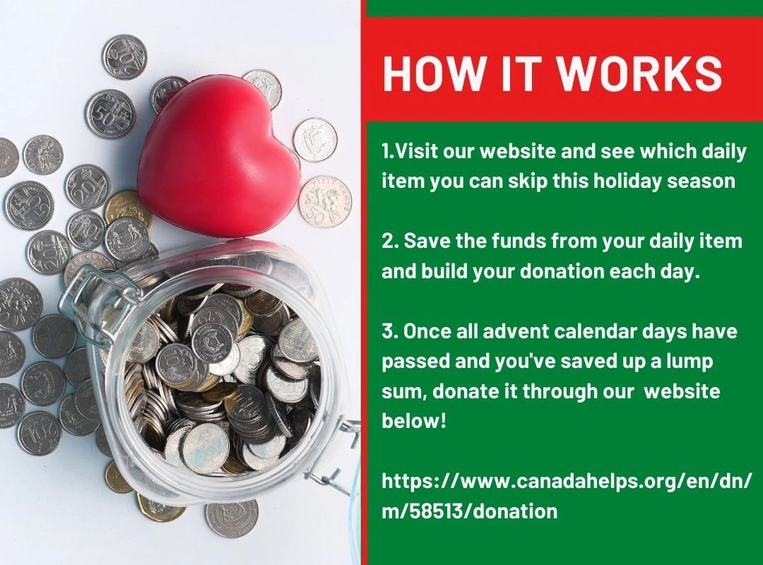 Heart-shaped object with coins and donation instructions.