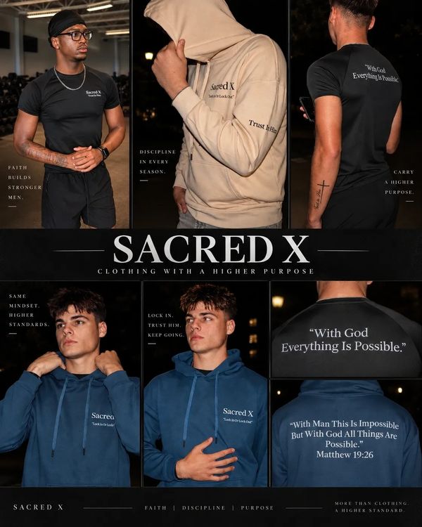Sacred X clothing with faith-inspired messages on shirts and hoodies.