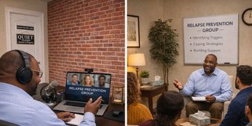 Two images of relapse prevention group sessions, one virtual and one in-person.