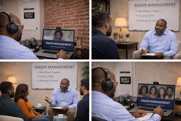 People attending an anger management therapy session in a calm setting.