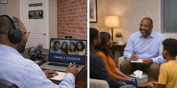 Therapist conducts online and in-person family therapy sessions.