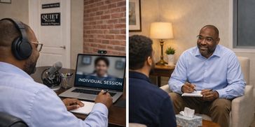 Man attending a virtual therapy session and an in-person counseling meeting.