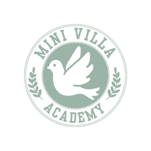 Logo of Mini Villa Academy with a white dove and green wreath.