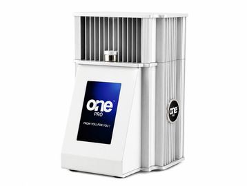 White industrial device with cooling fins and a display screen.