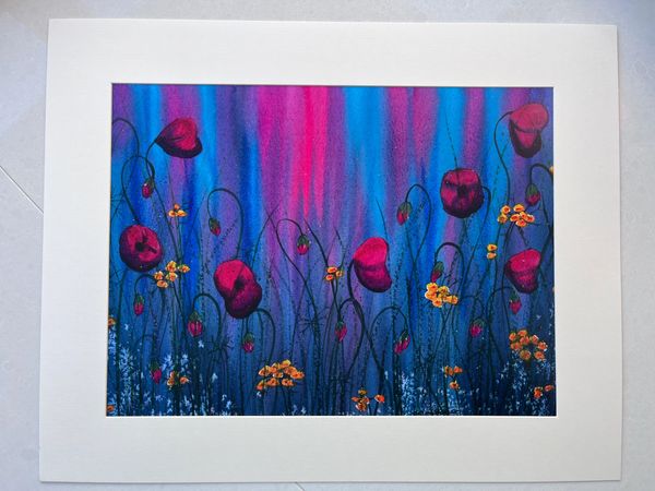 Aurora borealis inspired limited edition watercolour print of poppies