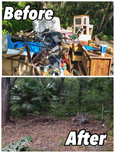 Before and after images of a cleaned-up backyard with removed junk.