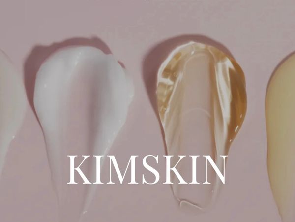 Close-up of skincare product textures with 'KIMSKIN' branding on a soft pink background.