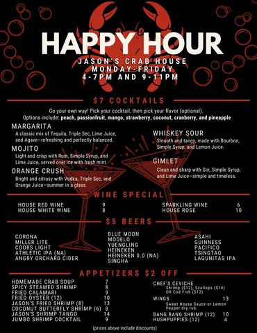 Happy Hour menu at Jason's Crab House featuring $7 cocktails, $5 beers, wine specials, and discounted appetizers.