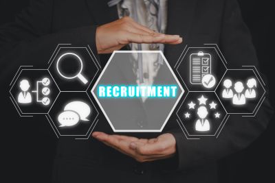 Concept image showing recruitment process icons between two hands.
