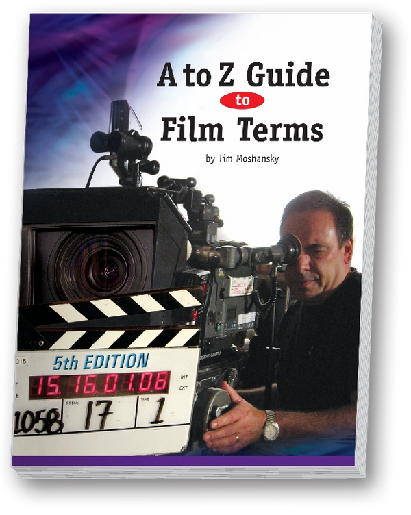 3D picture of A to Z Guide to Film Terms cover. Cameraman looking in viewfinder at Clapper Board