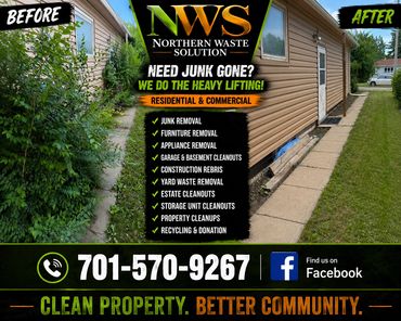 Before-and-after yard cleanup by Northern Waste Solution.