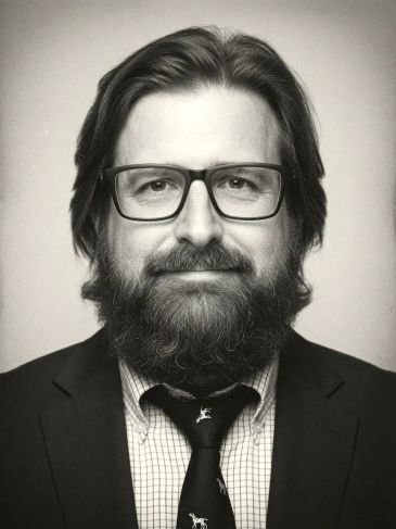 Portrait of a bearded man with glasses in formal attire.