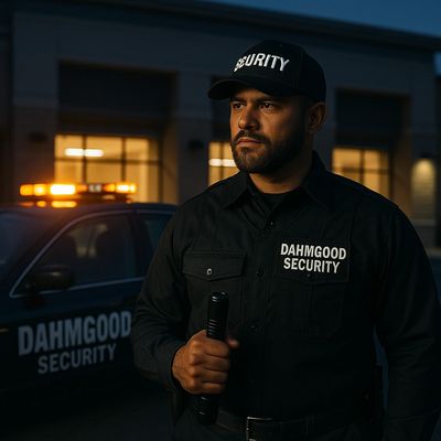 Security guard in uniform holding a flashlight at dusk.