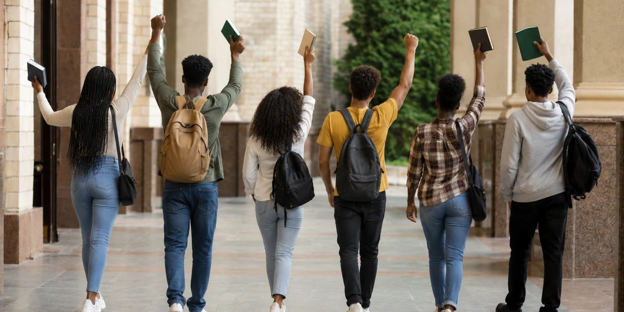 Group of students raising books in the air while walking down a corridor.