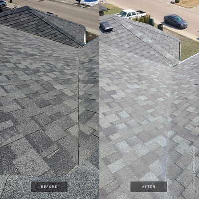 Before and after roof repair with new shingles installed in north Edmonton