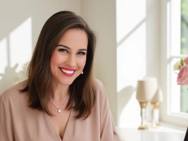Smiling woman holding a thank you card at a bright table with flowers and a laptop.