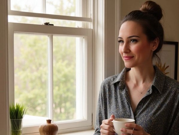 A woman with a bun enjoys a warm drink by the window.