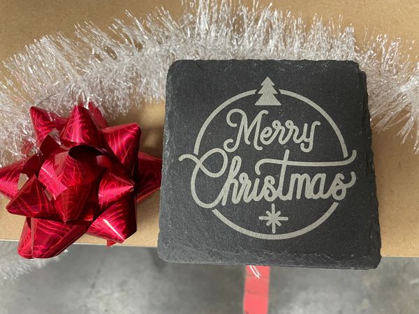 Laser-engraved slate drink coaster Merry Christmas