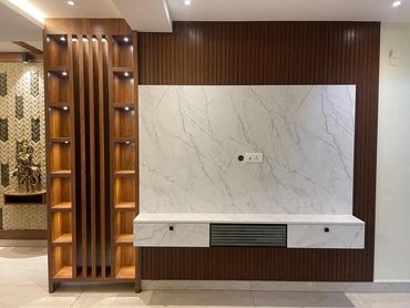 marble texture back panel finish clean and sophisticated appearance
Floating storage cabinet drawer