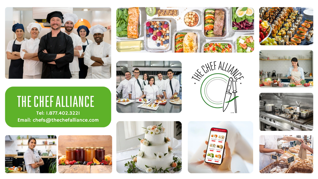 A collage showcasing chefs, gourmet food, bakery items, and culinary services from The Chef Alliance.