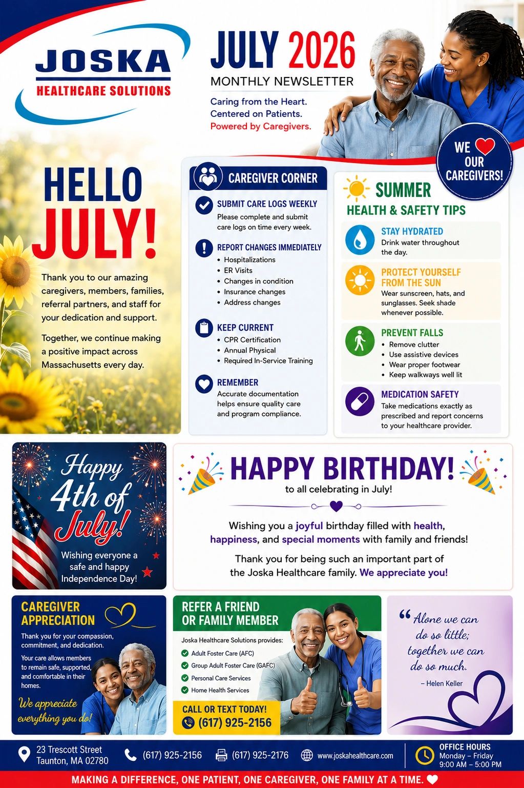 July 2026 Joska Healthcare newsletter with caregiver tips, summer safety, and birthday wishes.