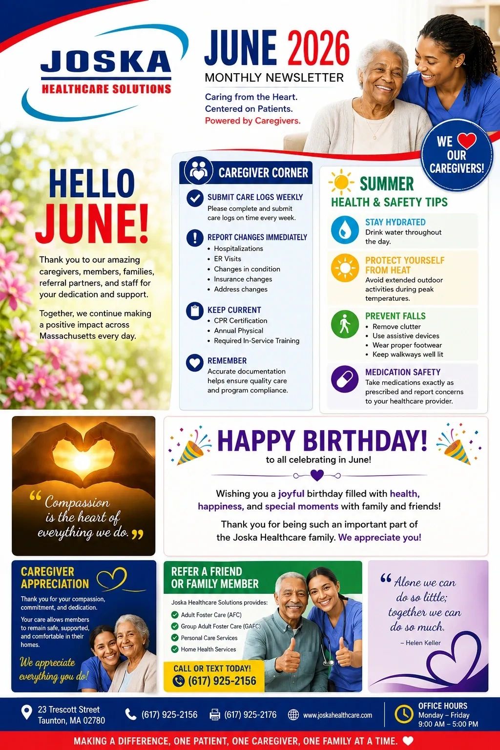 Joska Healthcare June 2026 newsletter with caregiver tips, appreciation, and birthday wishes.