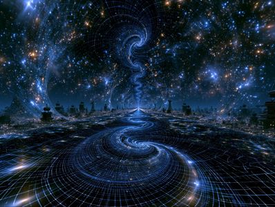 Surreal cosmic scene with swirling galaxies and starry sky.