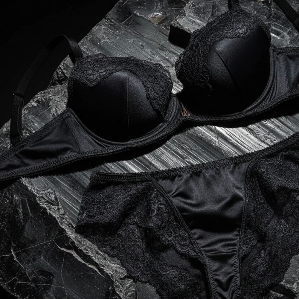 Elegant black lace lingerie set displayed on textured dark stone.
