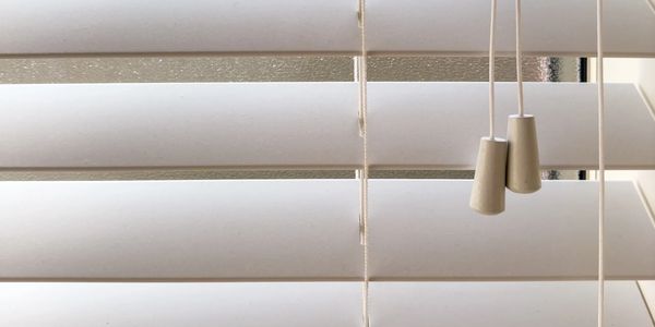 Close-up of white window blinds with control cords and textured glass behind.