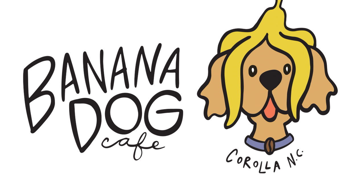 Banana dog cafe logo with a dog with a banana peel on head