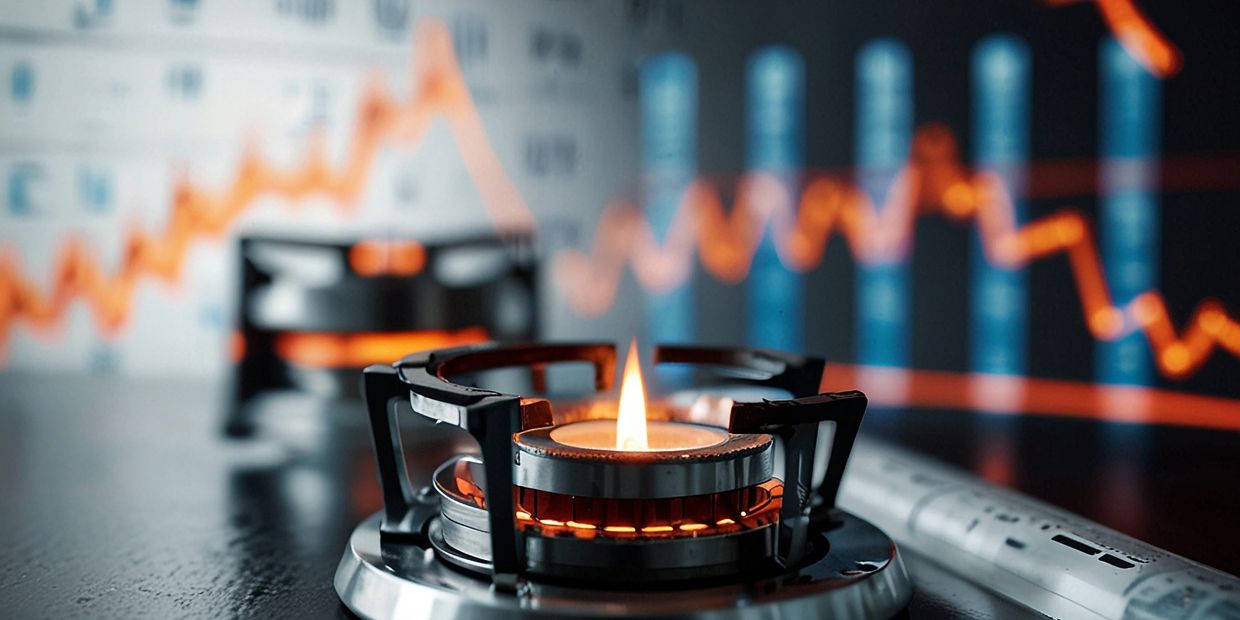 A gas burner flame with stock market graphs in the background.