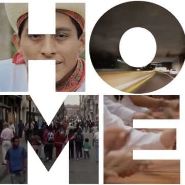 Collage spelling 'HOME' with cultural and urban scenes.