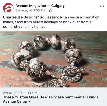Avenue Magazine Feature. Custom cremation jewelry Calgary. Hand blown glass creations. 