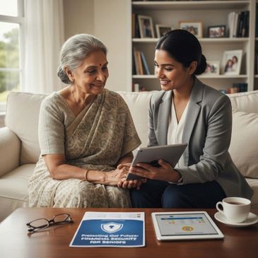 A financial advisor explains pension options to an elderly woman at home.