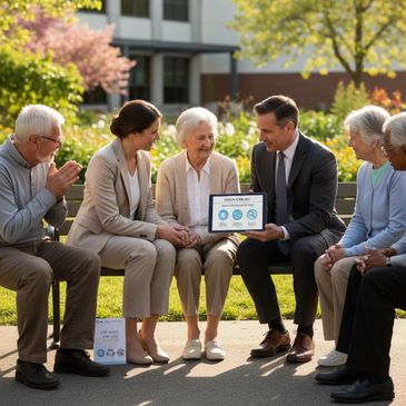 Group of seniors and professionals discussing information outdoors on a tablet.