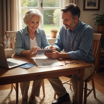 Senior woman and man reviewing financial documents at a wooden table.