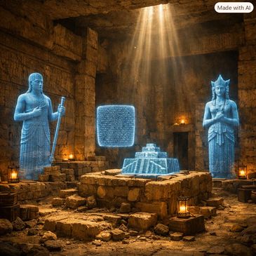 Ancient temple with holographic statues and artifacts.