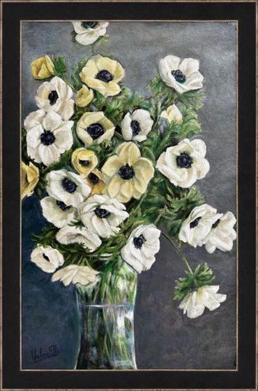 'Anemone' oil painting, framed in black, by Valerie Ellis, RCA.