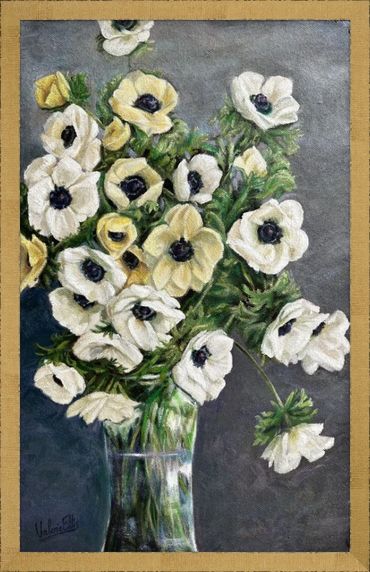 'Anemone' oil painting, framed in yellow, by Valerie Ellis, RCA.