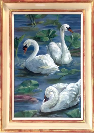 'Swan Lake' oil painting three swans set in blue water, green and red waterlilies by Valerie Ellis
