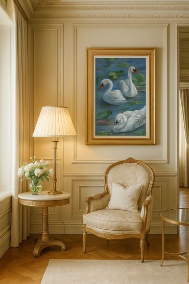 Swan Lake oil painting in a rich golden classical interior, by Valerie Ellis, RCA