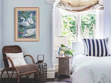 Swan Lake by Valerie Ellis oil painting of three swans in blue water set in a Hamptons-style bedroom