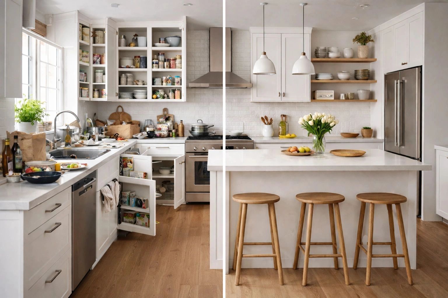 Side-by-side comparison of a kitchen before and after cleaning and organizing.