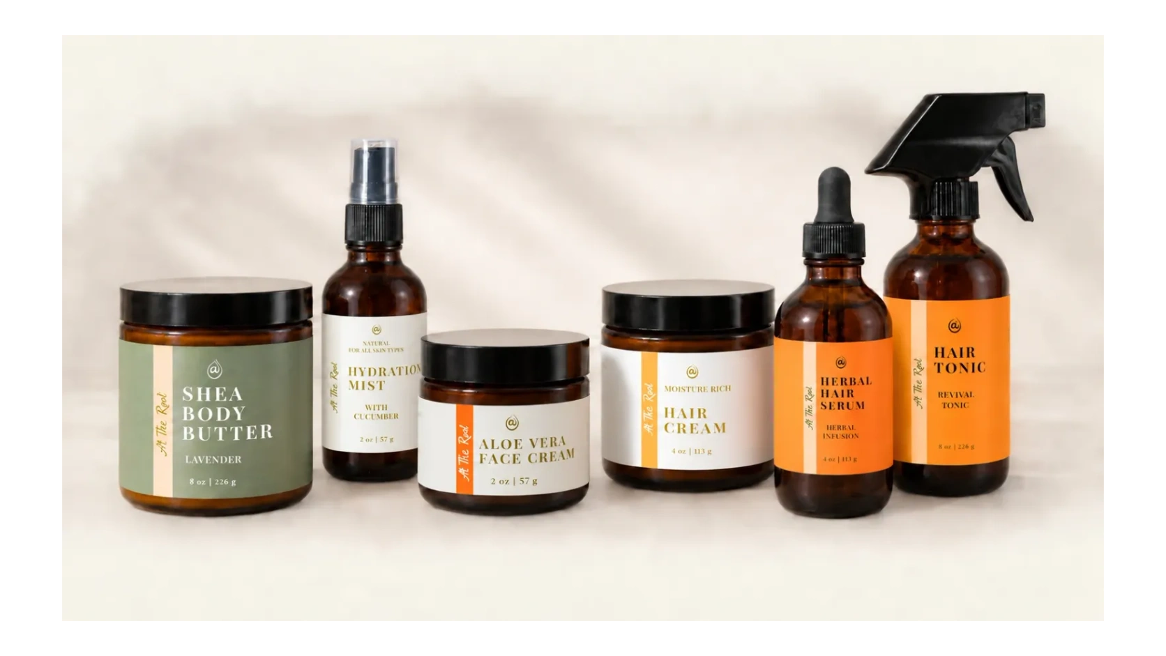 Collection of skin and hair care products on a light surface.